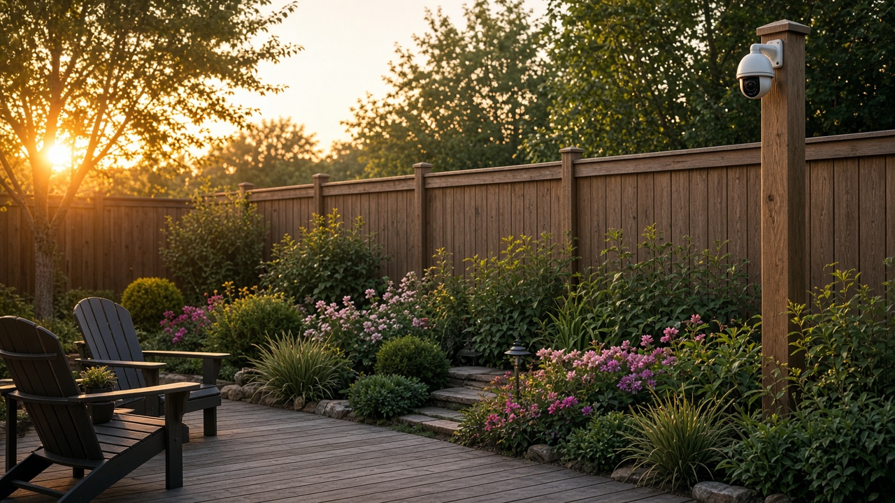 A backyard at golden hour with a camera on the fence