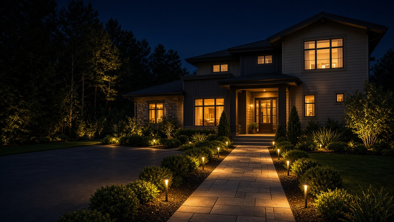 A house at night with pathway lights and warm windows