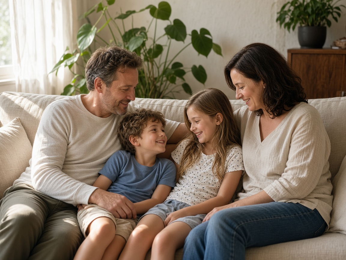 A family relaxing together on a living room sofa
