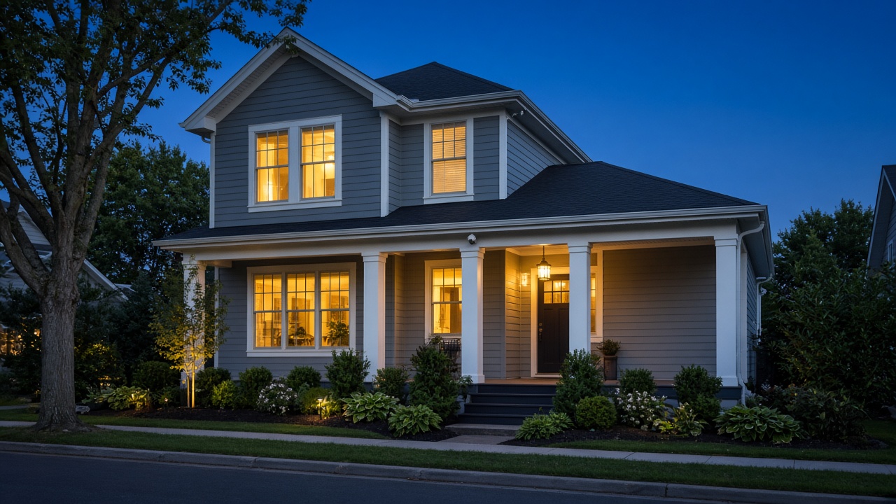 A warmly lit house at dusk with a small camera under the eave