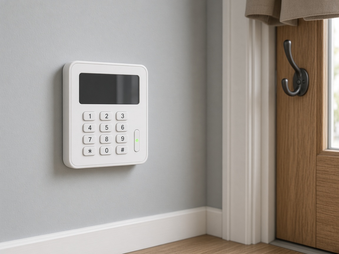 A home alarm keypad beside an interior door