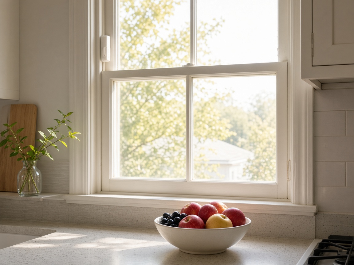 A kitchen window with a small contact sensor